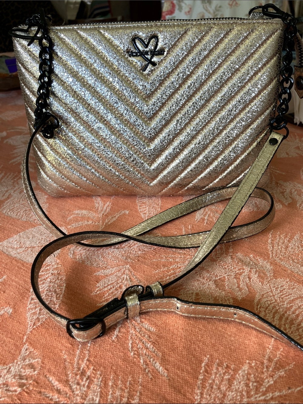 Victoria’s Secret Metallic Gold Quilted Crossbody Bag with Chain Strap